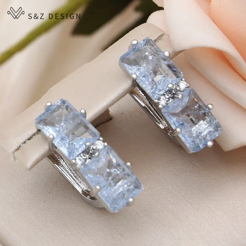 S & z Design neue Mode 585 Roségold Farbe Rechteck Eisriss Kristall Tropfen Ohrring für Frauen Hochzeit Zirkonia Schmuck – Detail 9