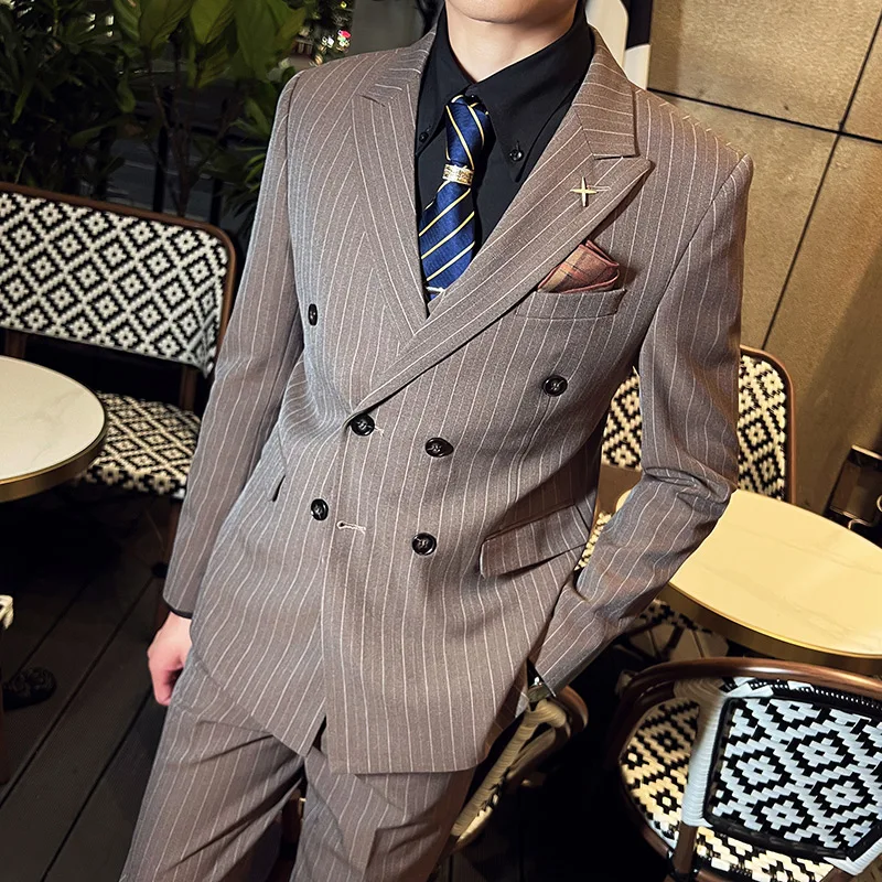 2024 Men's Double-breasted Stripes (suit + Vest + Trousers) Fashion Business Casual Handsome Three-piece Groomsman Set  M-5XL
