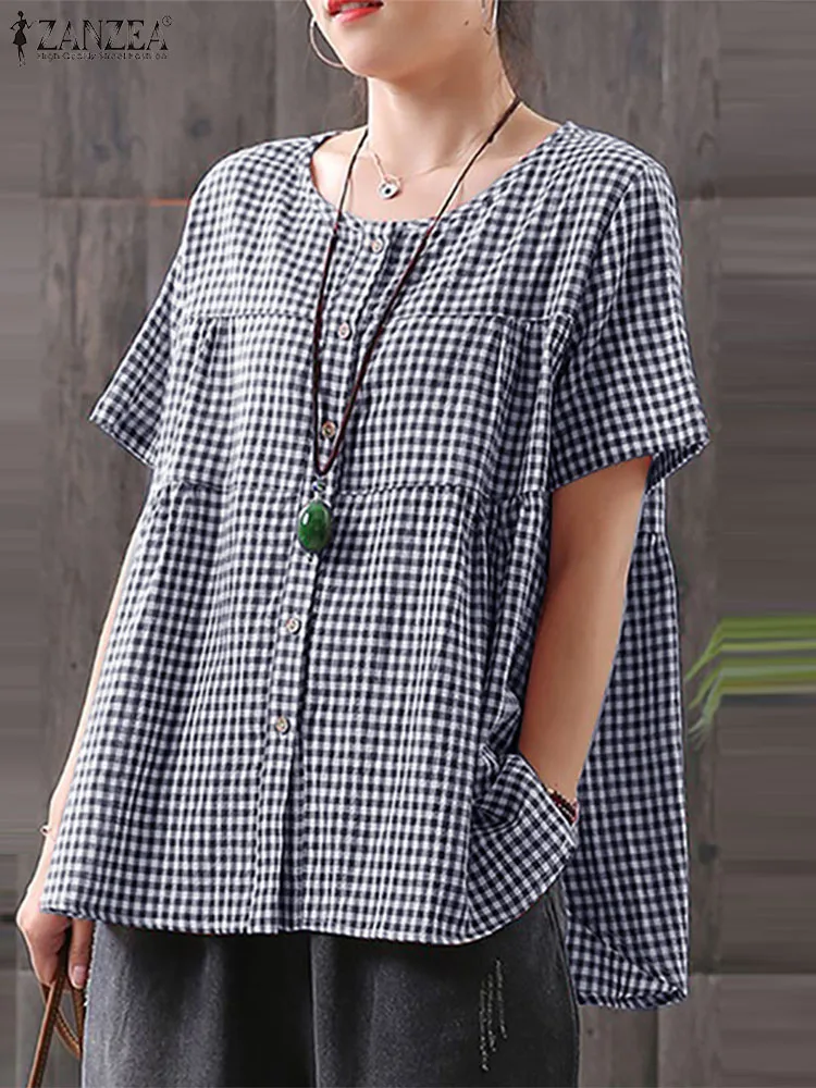 

ZANZEA Short Sleeve 2024 Summer Gingham Blusas O Neck Women Vintage Elegant Blouses Checked Casual Loose Button Up Shirts Femme