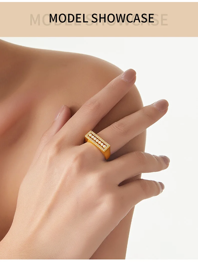 Modischer Imitationsperlen-Offener Ring für Damen, Kupfer Quadratischer Luxus-Strass-Ring, Sommerlicher Wasserfester Schmuck – Detail 3
