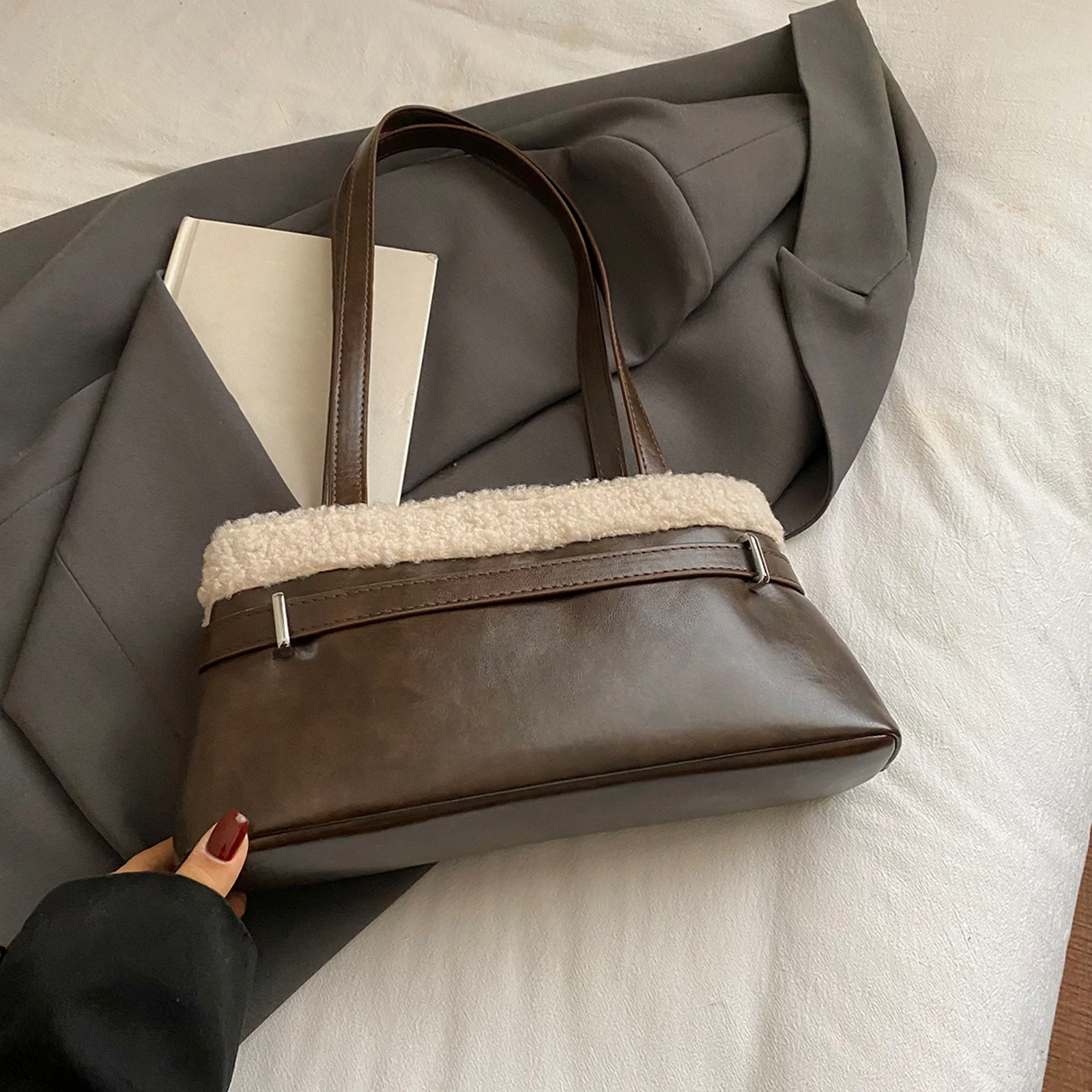 Women PU Lambswool Stitching Vintage Shoulder Bag W/Belt Buckle Small Satchel Tote Bag Handbag for Travel Winter Fall