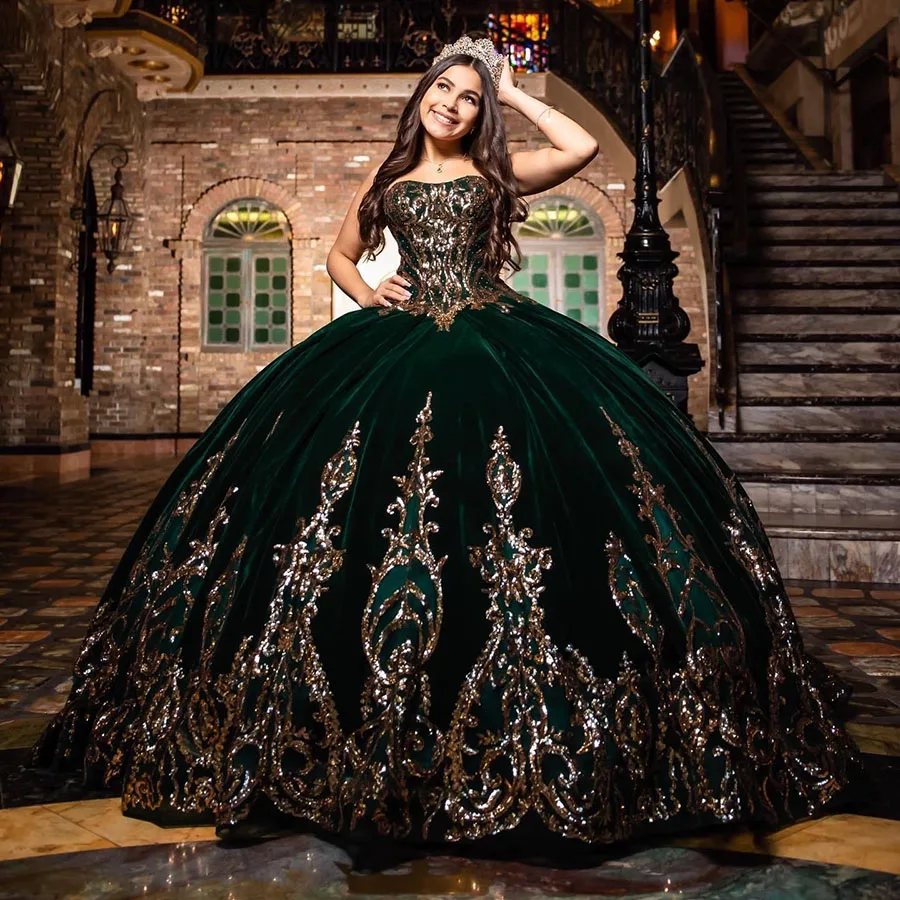 Customized Quinceanera Dress Dark Green Suede Gold Applique Court