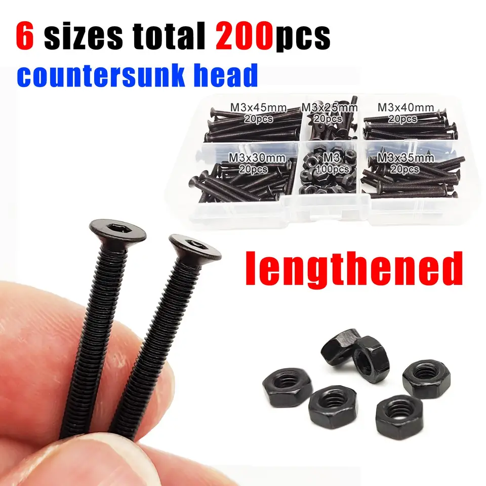 200pc/Kit Lengthened Long M3 Allen Hexagon Hex Socket Head Cap Button Countersunk Flat Thin Screw Bolt Nut Set Black Alloy Steel image 9