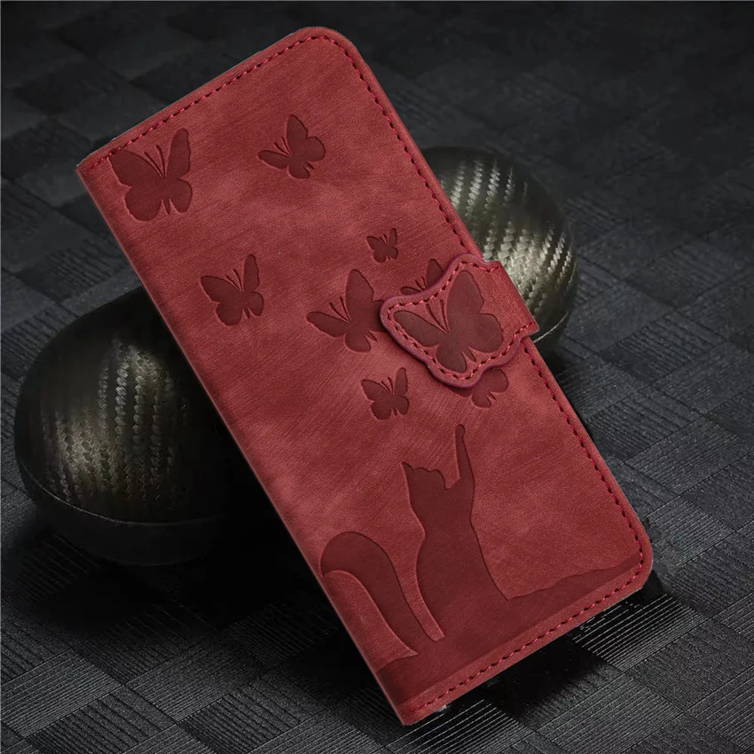 Funda de cuero con tapa de mariposa y gato para Redmi Note 8, 9, 10, 11, 12 Pro, 10S, 11S, 12S, tarjetero