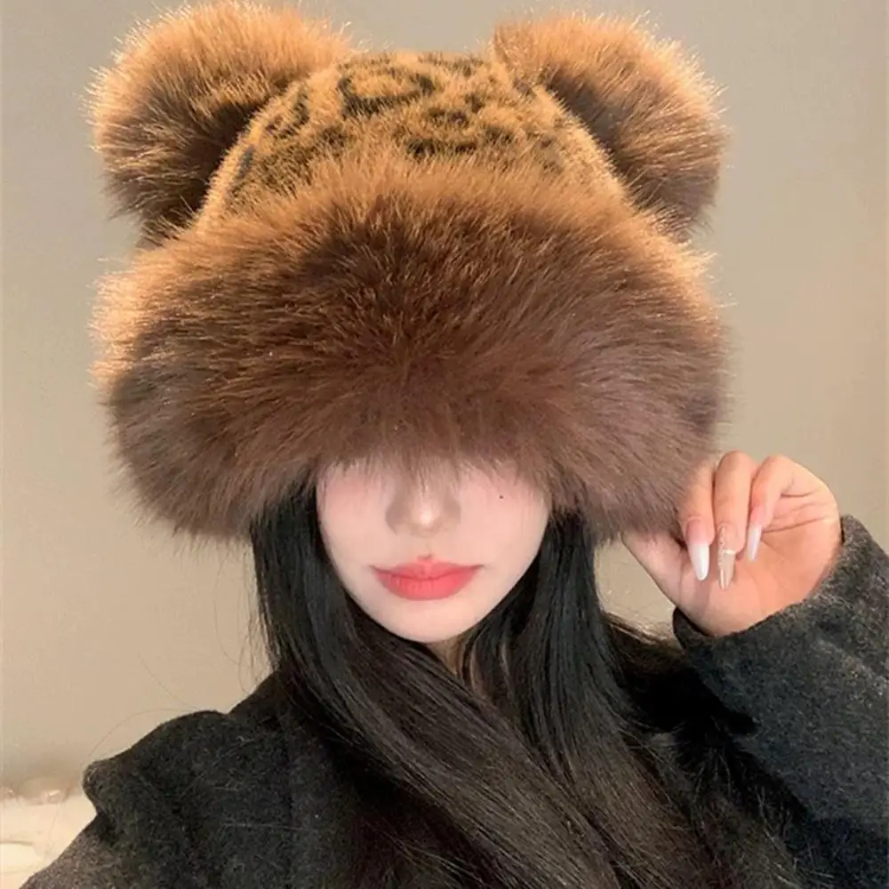 Retro Leopard Print Fur Hat Cute Fuzzy Bear Ear Beanie Hat Women Windproof Keep Warm Bucket Hats Winter Thicken Warm Russian Hat