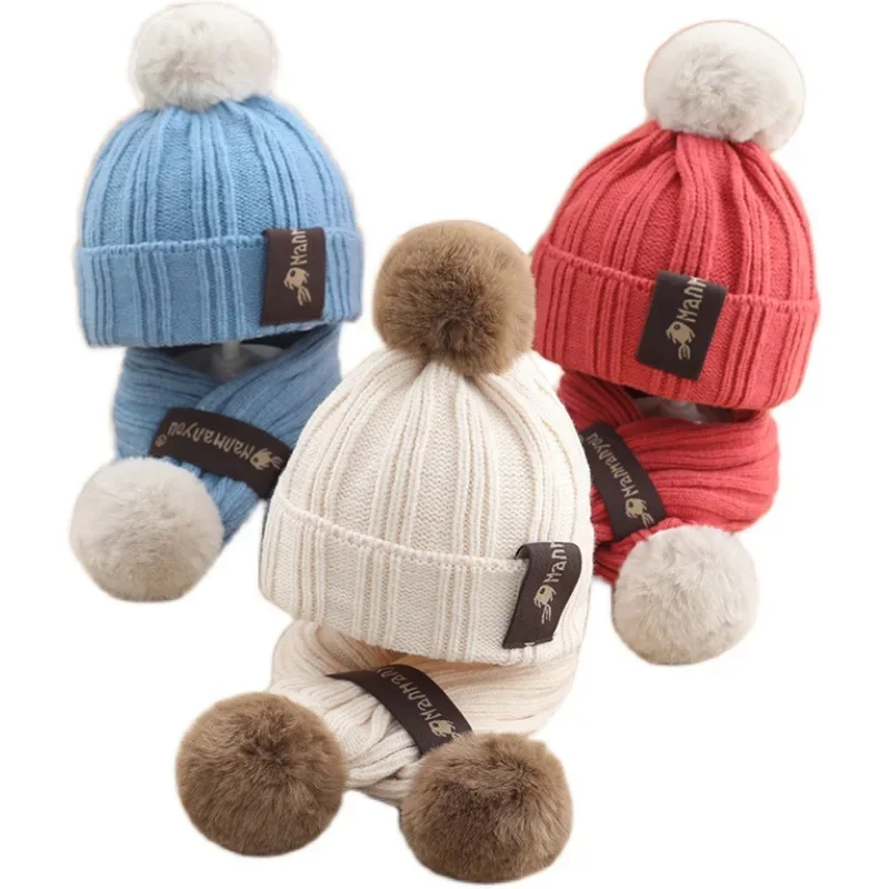 Autumn and Winter Children's Hat Scarf Set Warm Simple Woolen Cap Boys and Girls Knitted Hat Two-piece Baby