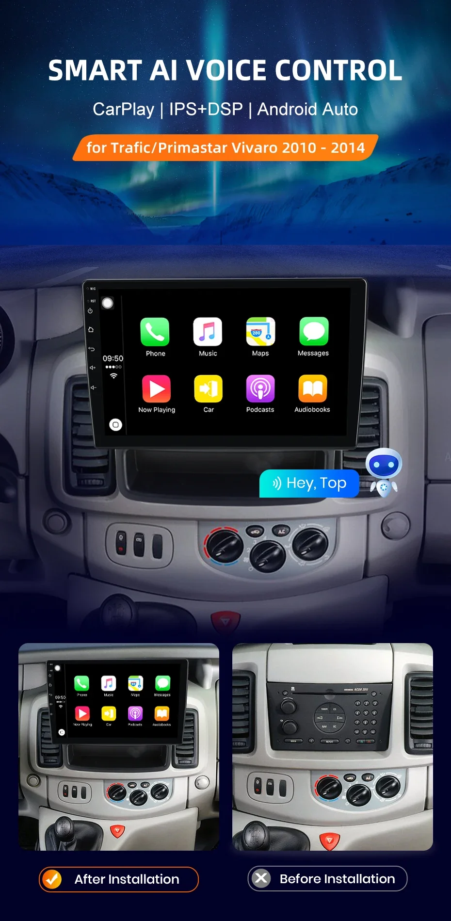 Für Renault Trafic Nissan Primastar Opel Vivaro 2010-2014 CarPlay für Apple Android Auto Auto Radio 8Core Multimedia stereo – Detail 2