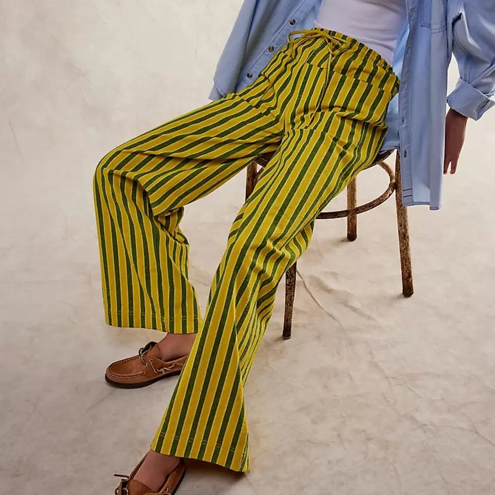 

Striped Print Pants Vertical Striped Print Wide Leg Pants with Drawstring Pockets for Women Streetwear Trousers Mid-rise
