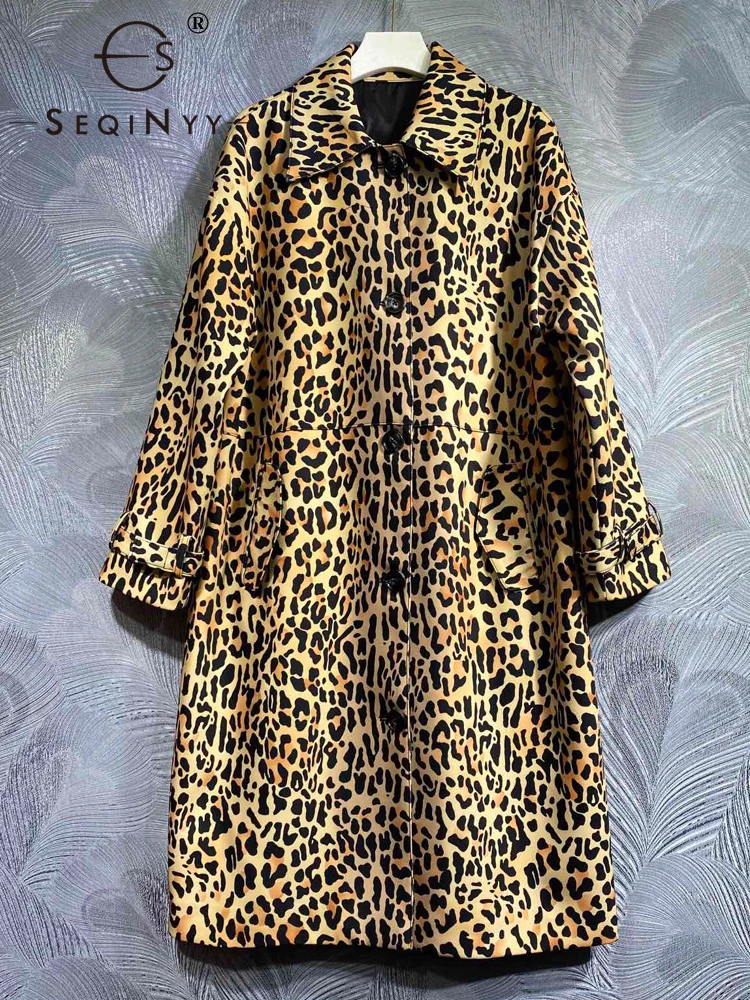 

SEQINYY Elegant Long Trench Coat Spring Autumn New Fashion Design Women Runway Vintage Leopard Print Loose Jacket Top Pockets