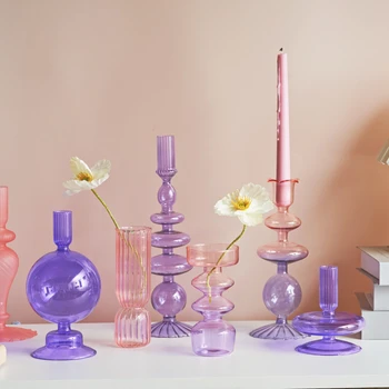 Lilac Glass Candlesticks Candle Holders Wedding Table Centerpieces Nordic Home Decoration Christmas Gift Glass Candle Holder