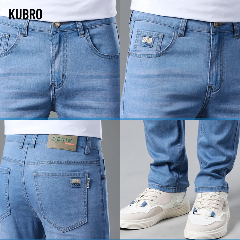 KURBO High Quality Office Business Casual Lyocell Ice Silk Jeans Summer Thin Fashion Men's Straight Slim Stretch Denim Trousers 5