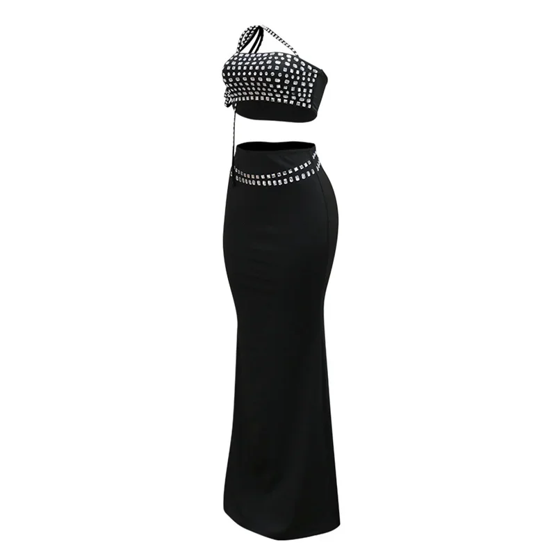 Women Diamante Decoration Slanted Straps Sleeveless Short Tops Two Piece Sets Wrap Hip Fishtail Floor-length Skirt Female Suits