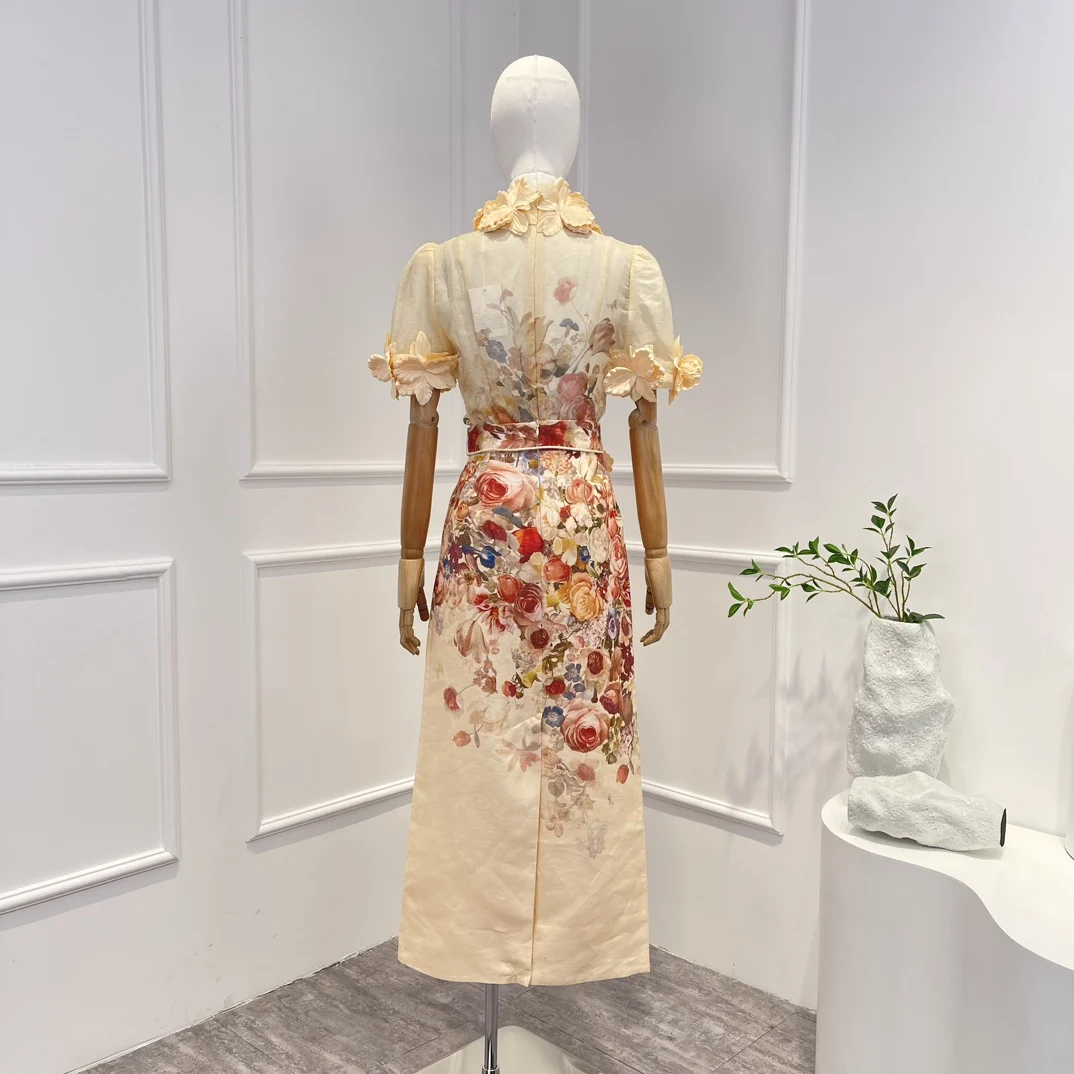 2025 Biege Short Sleeve Flowers Appliquéd Tops and Midi Skirt Set for Women