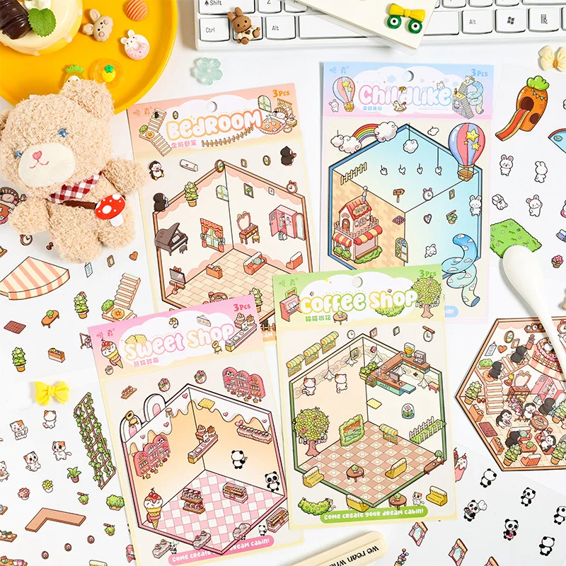 Dream House cartoon creativity sticker DIY handmade Scrapbooking Material Diary Album Junk Journal Supplies 3 pcs stickers scrapbooking supplies