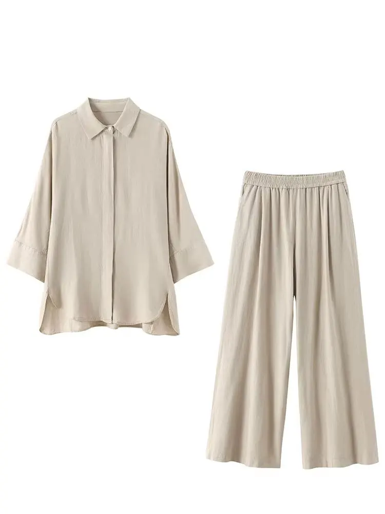 HH Women Casual Solid Blouse Pant Sets Loose Long Sleeve Lapel Shirts Elastic Waist Wide Leg Trousers Office Lady Suit