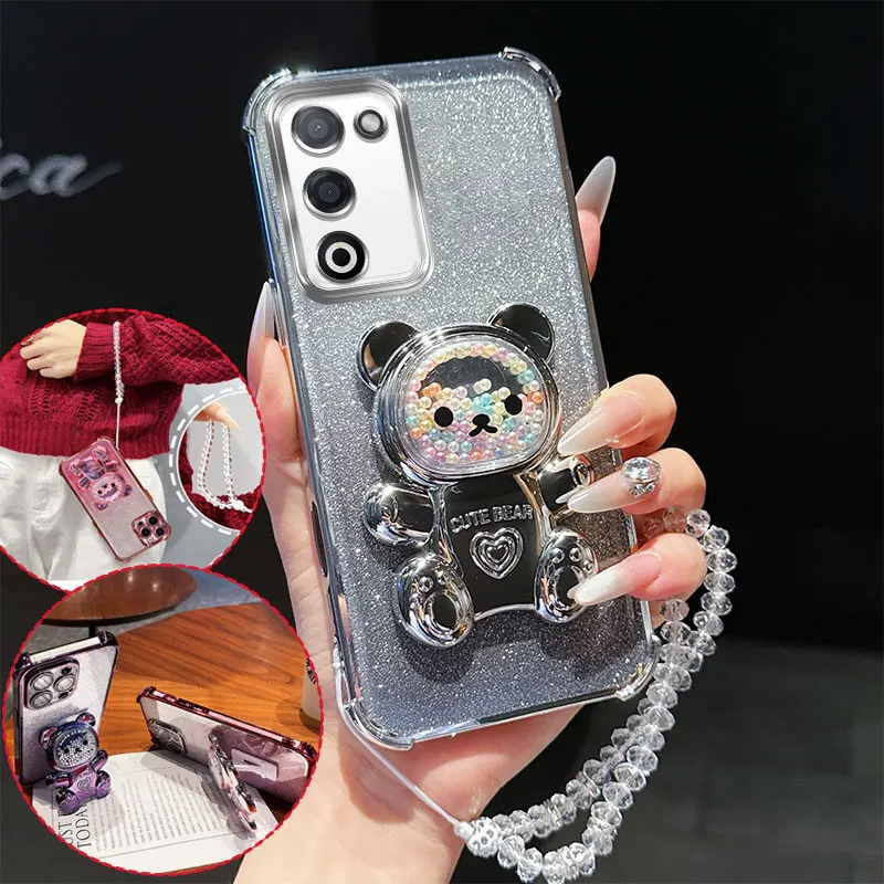 Shockproof Phone Case with 3D Bear Stand & Glitter Chain Lanyard