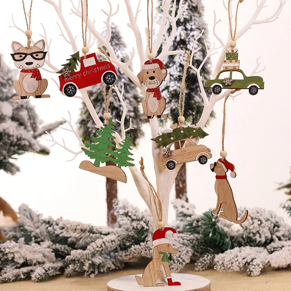 5Pcs Merry Christmas Wooden Ornaments Car Dog Cat Hanging Pendants Animals Christmas Tree Decorations For Home Xmax Gift 2024