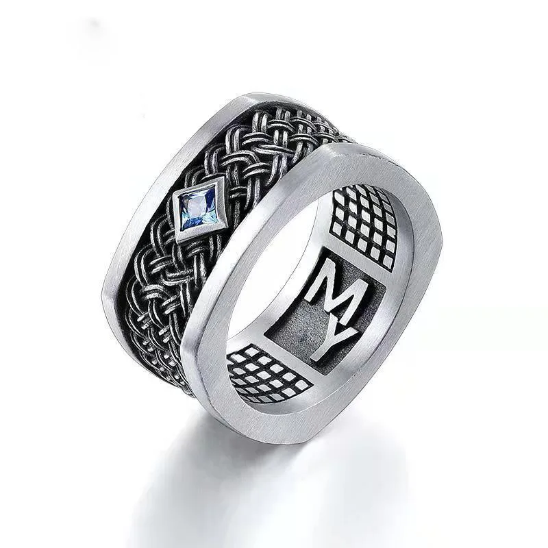 Retro Blauer Edelstein Quadratisch Gewebtes Muster Verstellbarer Offener Ring Für Männer Punk Gothic Edgy Kupfer Schmuck Unisex Vintage Accessoires Geschenk
