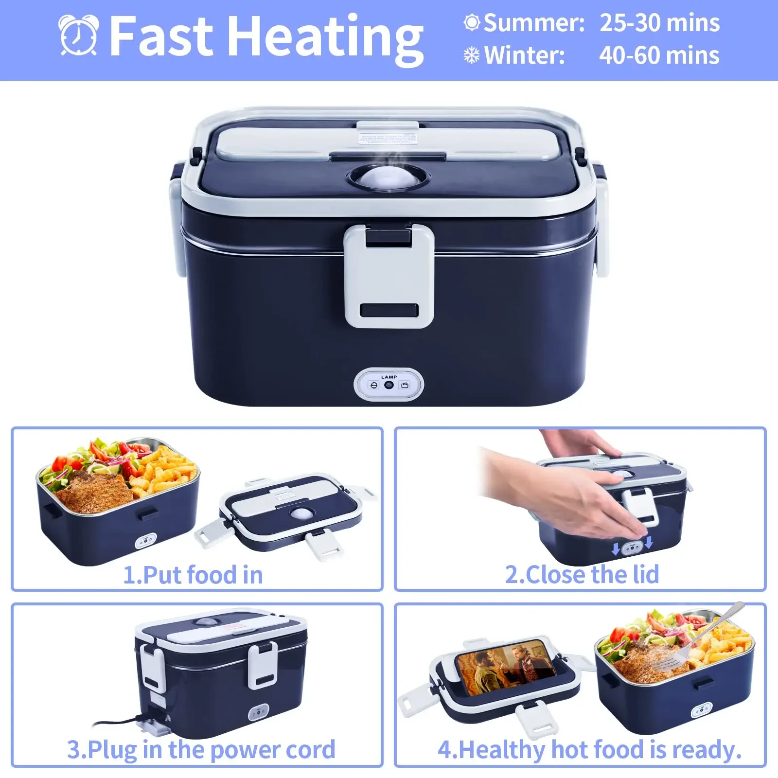 Electric Lunch Box, 1.8L Heated Lunch Box for Truck/Car/Office/Home/Work,  12/110v 3 In 1 Portable Food Warmer Lunch Box with Fork & Spoon and  Carrying Bag