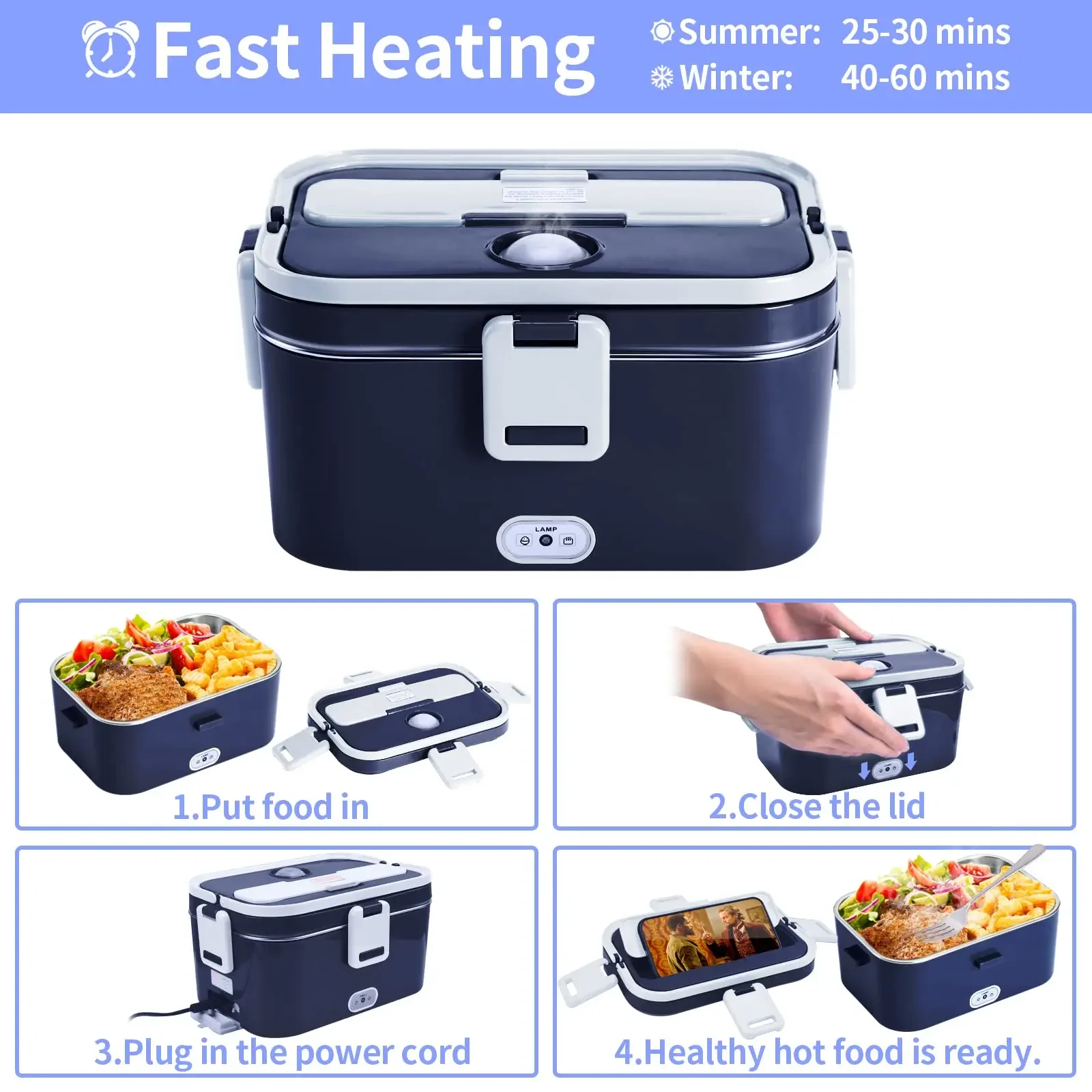 Electric Lunch Box 2 in 1, Food Heater Car and Home Use Portable 110V & 12V  60W - Stainless Steel