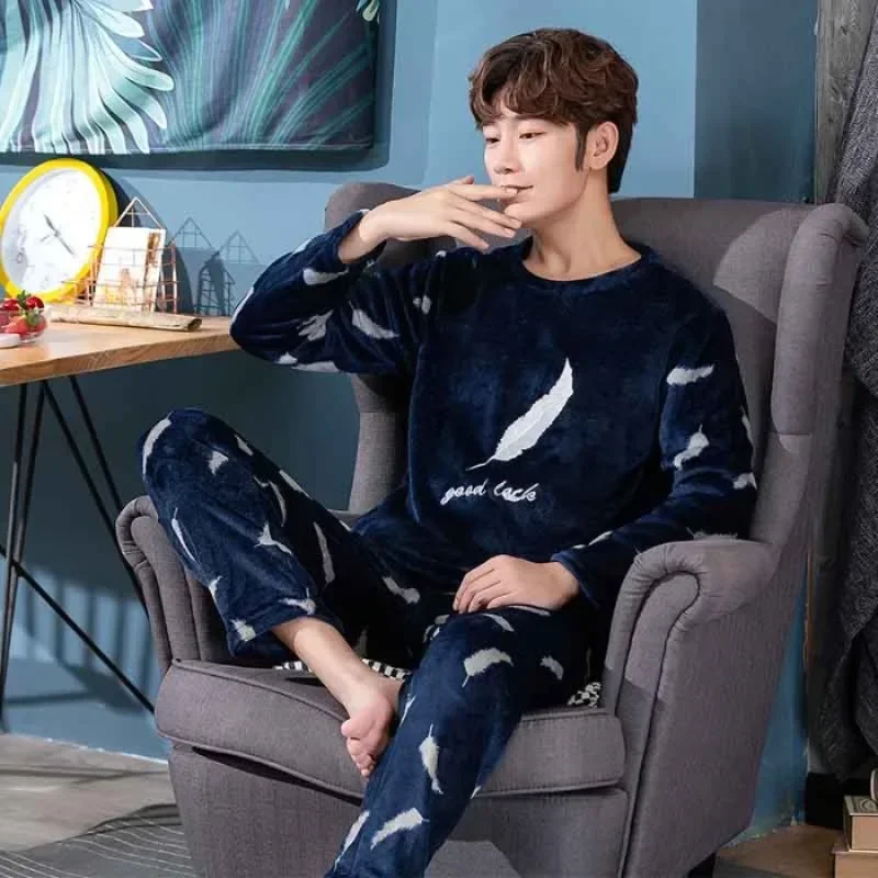 Winter Warm Flannel Pajama Set Men Long Sleeve Thick For Men Coral Velvet Cute Cartoon Suit Pyjamas Homewear New Sleepwear