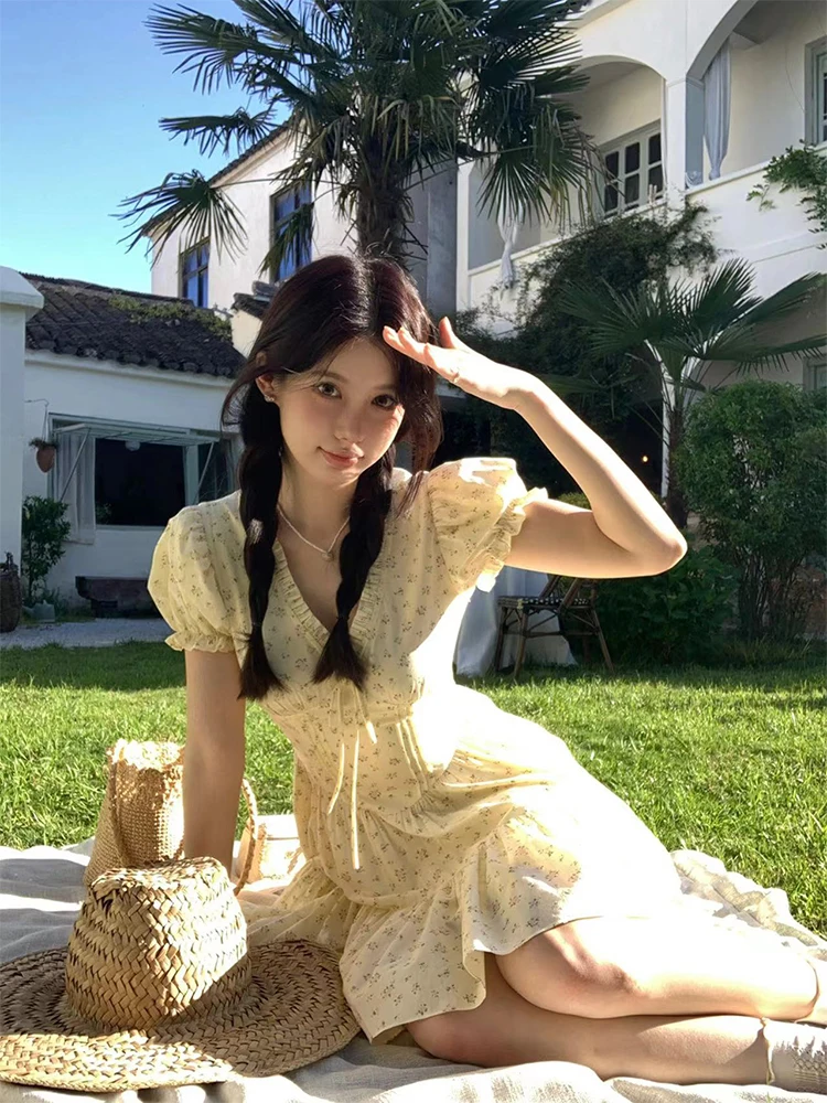 French Floral Printed Short Dresses for Women Y2K V-neck High Waist Birthday Party Dress Korean Chic Prom A-line Summer Vestidos