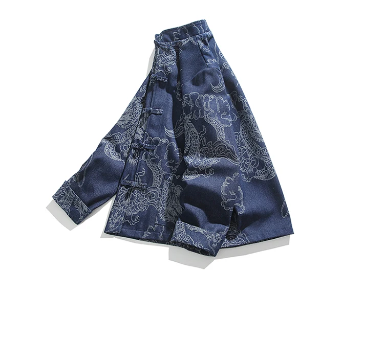 Tang Kostüm Denim Jacke Mann Hanfu Mantel Tradition Neue Chinesische Stil Jacke Button-Down Qipao Top Erwachsene Hemd Kong Fu Kleidung – Detail 23