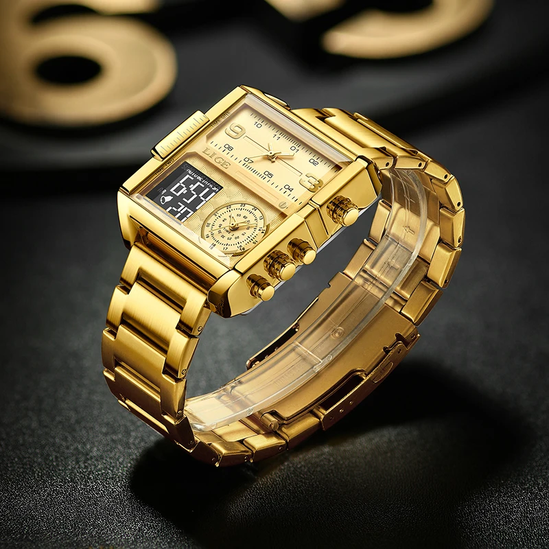LIGE – montre de Sport en acier doré pour hommes, nouvelle marque de luxe,  grande montre analogique numérique à Quartz - AliExpress