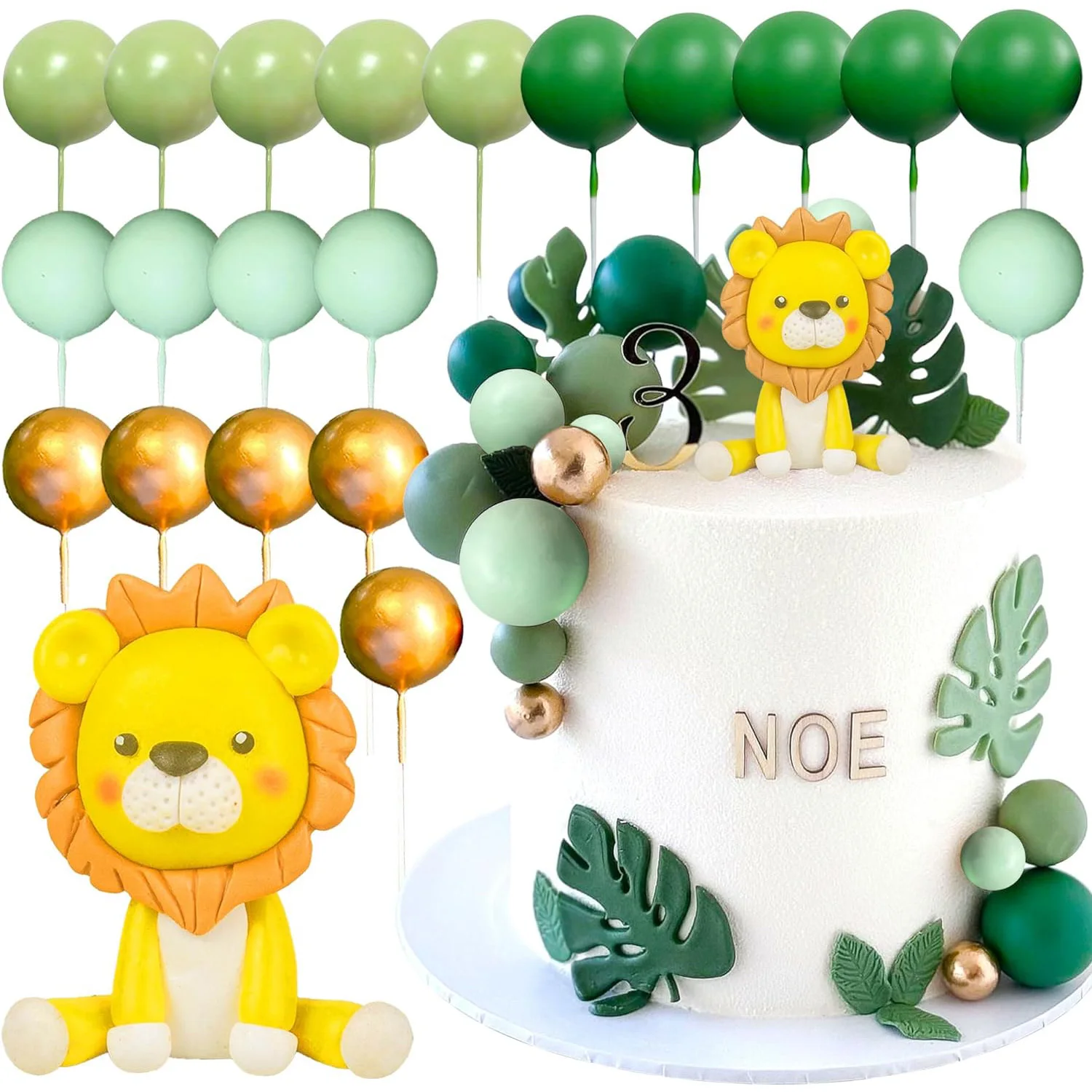 Cake Toppers 21pcs Lion Cake Topper Sage Green Cake Topper Balls for Wild One Birthday Decoration Jungle Theme Baby Shower Decoration