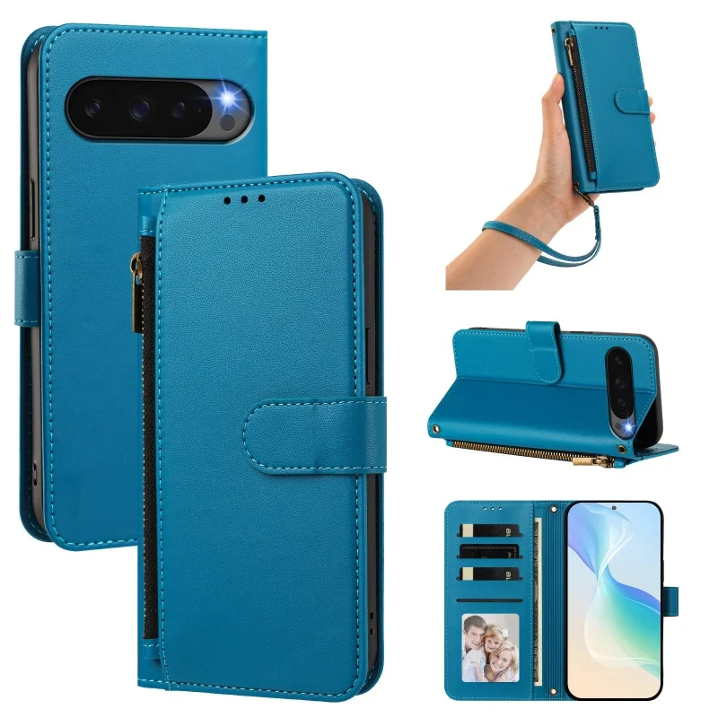 Elegant Leather Wallet Phone Case with Wrist Strap and Zipper Card Holder