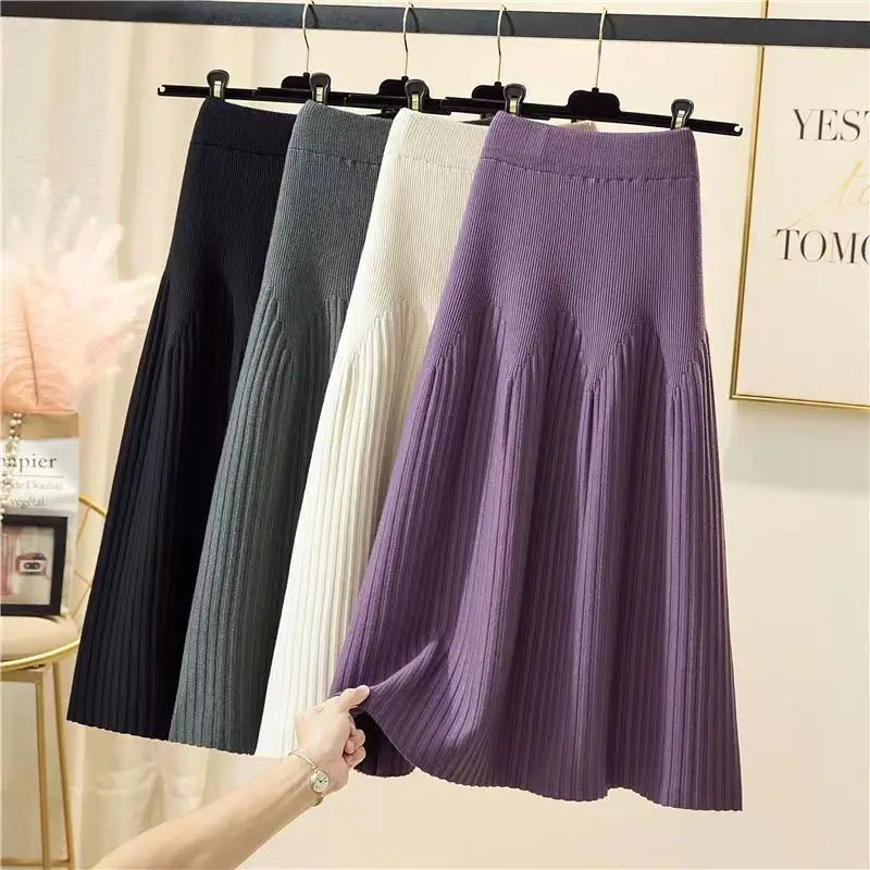 

Autumn Winter Mid-length Solid Color Sweater A-line Skirt Casual All-match Knitted Pleated Half-length Skirt Women 2022 New