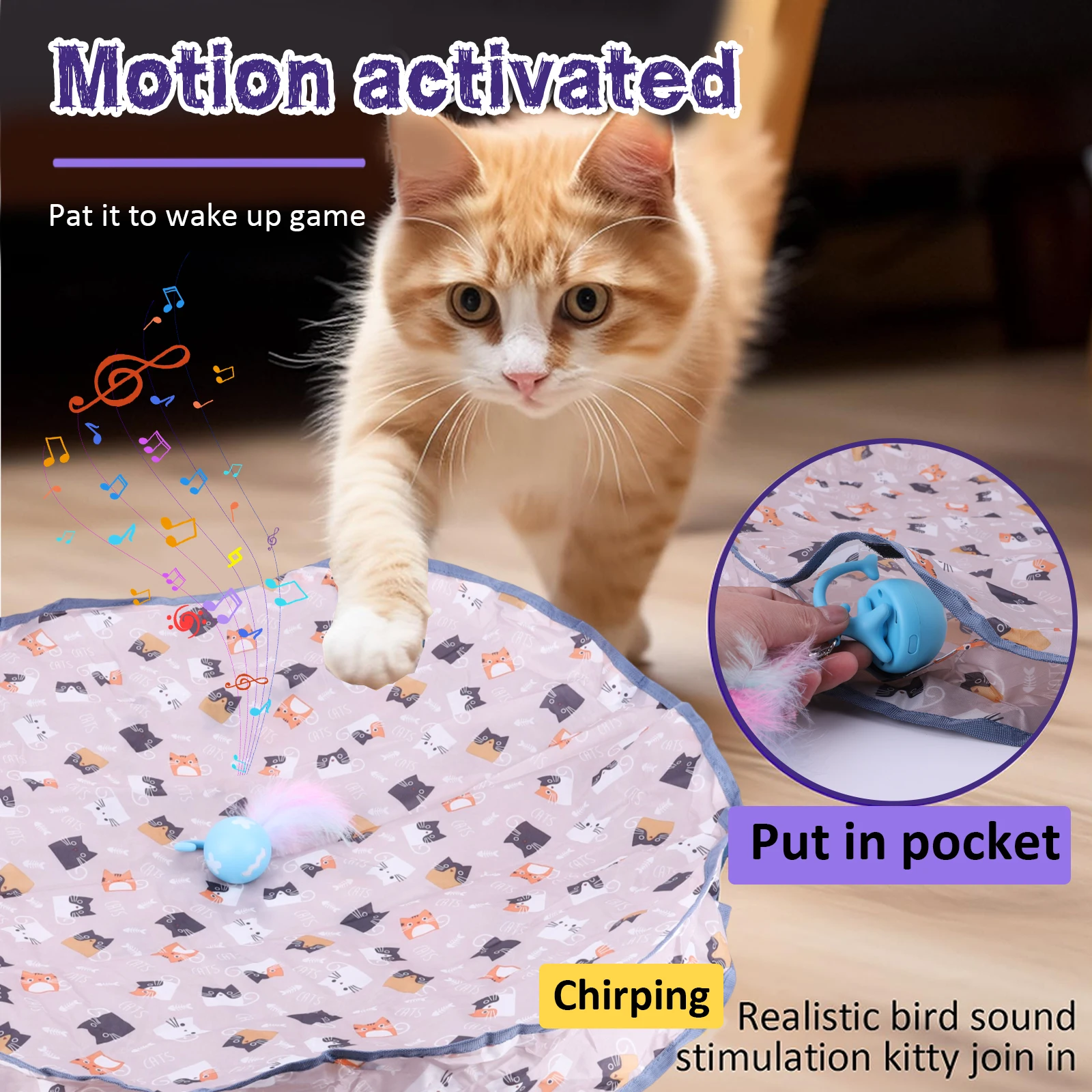 Interactive Cat Toy Ball Fast Rolling in Pouch Mouse Catching Game Reusable Cat Mat Toy for Pet Hide and Seek Game Accessories