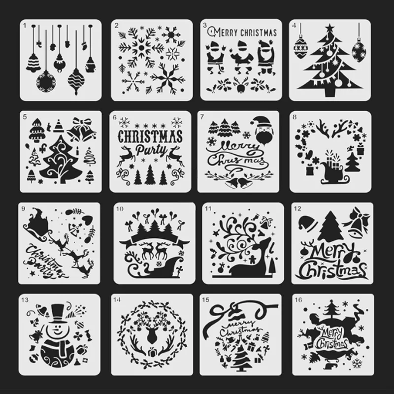 

16pcs Kawaii Christmas Festival Painting Stencil DIY Layering Scrapbook Coloring Embossing Decoration Drawing Template 13*13cm