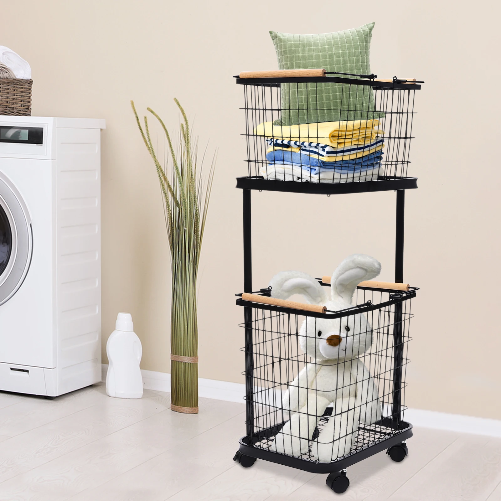 Spacious 2-Tier Laundry Basket Organizer Removable Baskets Beech Wood Handles Easy Transport