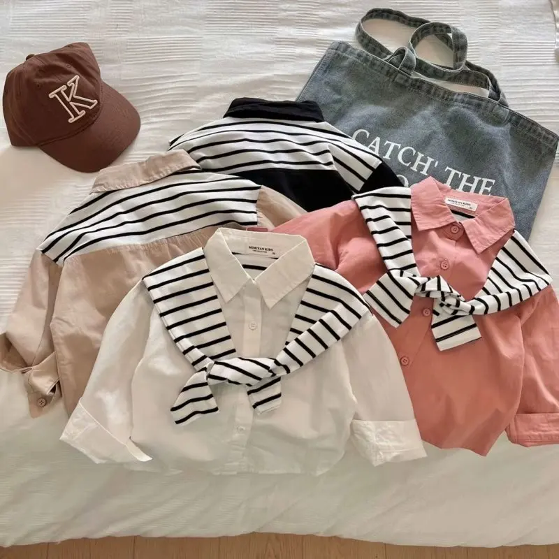 Spring and Autumn Children's Shirt New Fake Two Piece Solid Color Shawl Shirt for Boys and Girls Baby Polo Top