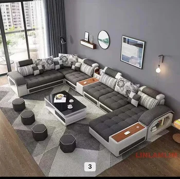 U‑Shaped Modern Fabric Sectional Sofa with Storage & Built‑In Table 2