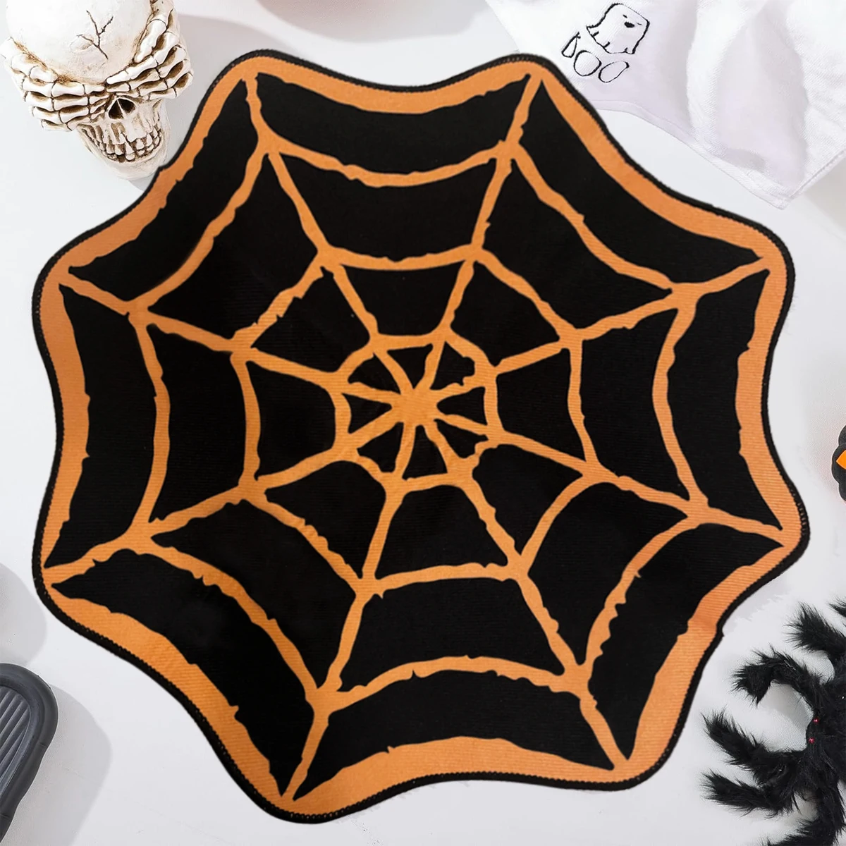 1PC Spider Web Rug Orange Black Halloween Party Mat Washable Spooky Gothic Rug Non-Slip Spiderweb Accent Rugs for Home Decor