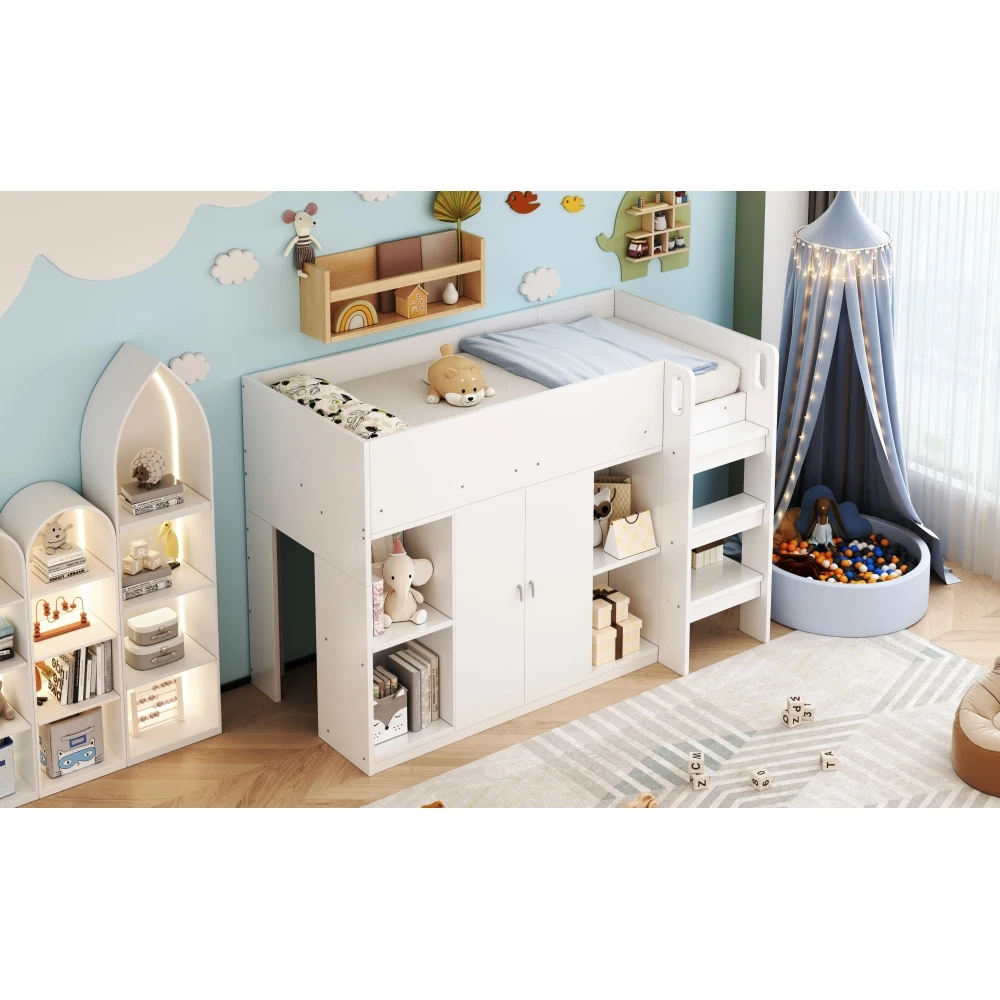 90*200cm Multifunktionales Hochbett mit Stauraum, Kleiderschrank und Regalen, Kinderbett mit Leiter und stabiler Konstruktion – Detail 16