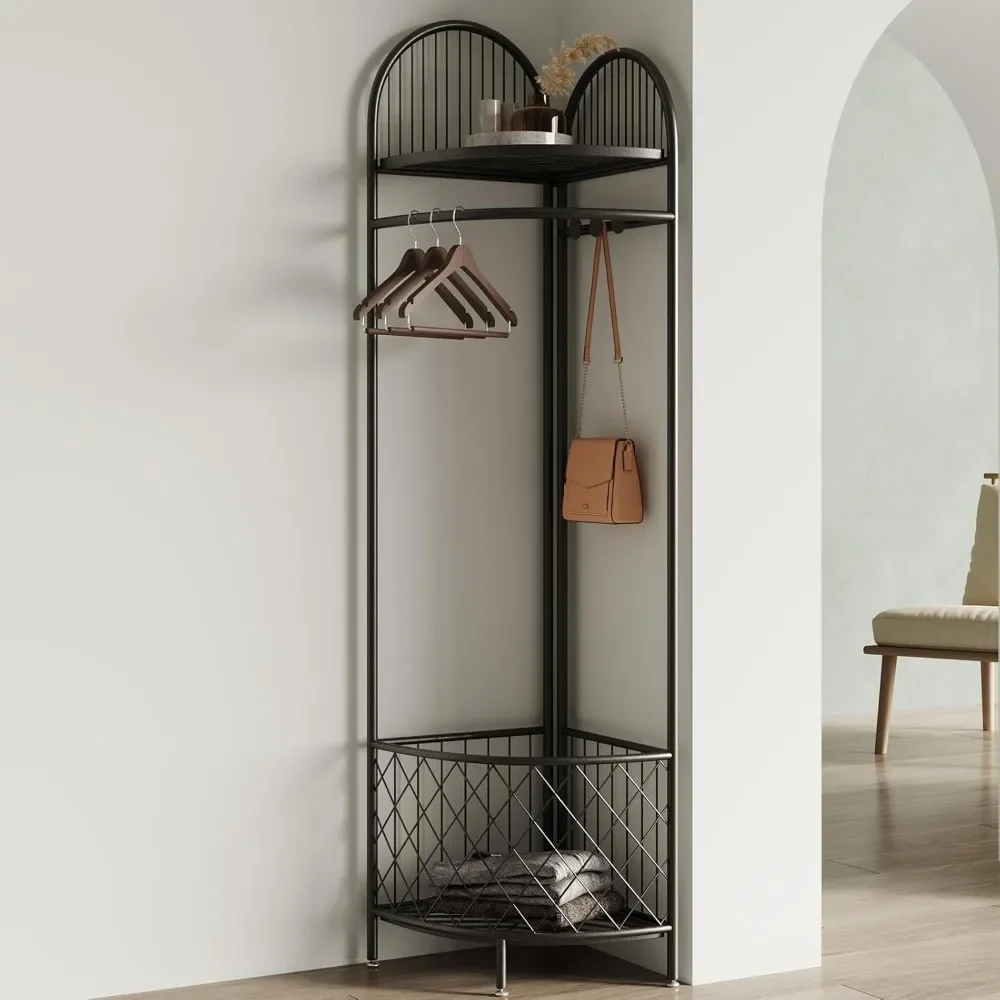 Corner Coat Rack,corner Hall Tree,metal Clothes Rack,gold Clothing Rack with Storage Basket and Hooks,corner Garment Rack