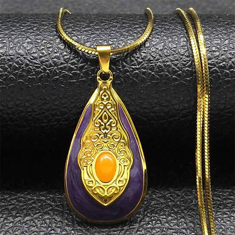 Elegante Boho Lila Wasser Tropfen Anhänger Halskette Frauen Edelstahl Ästhetische Schlüsselbein Kette Weibliche Hochzeit Schmuck NZZZ391S01 – Detail 3