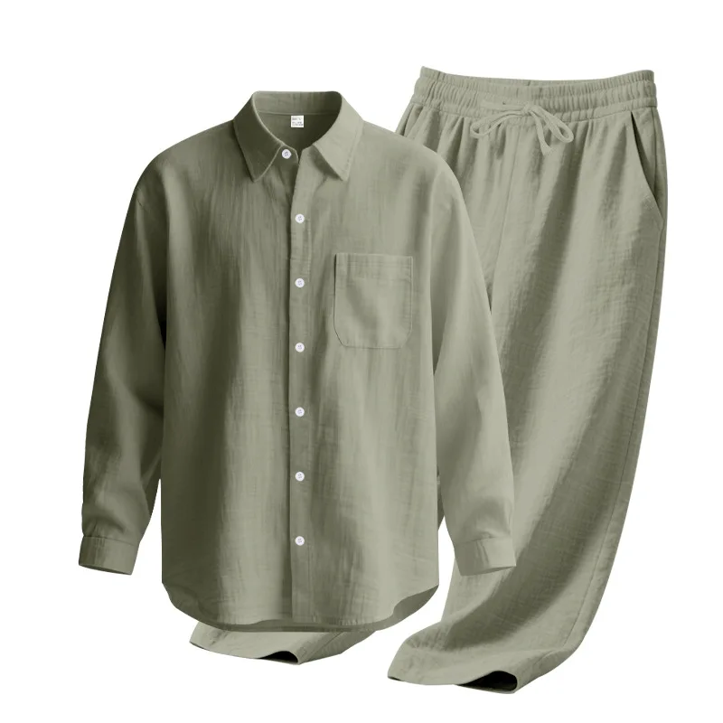 Men's Autumn Loose Trend Linen Solid Color Simple Lapel Long-Sleeved Shirt Beach Trousers Set
