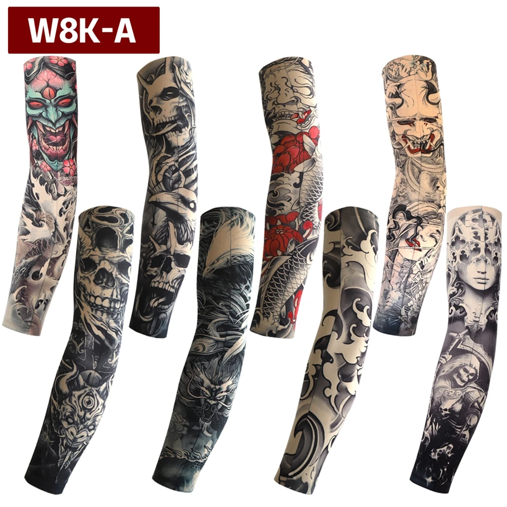 8pcs Men Long Summer Tattoo Sleeves Seamless Armguard Sun Protection Cover Outdoor Gloves Driving Ice Silk Women Arm Sleeves