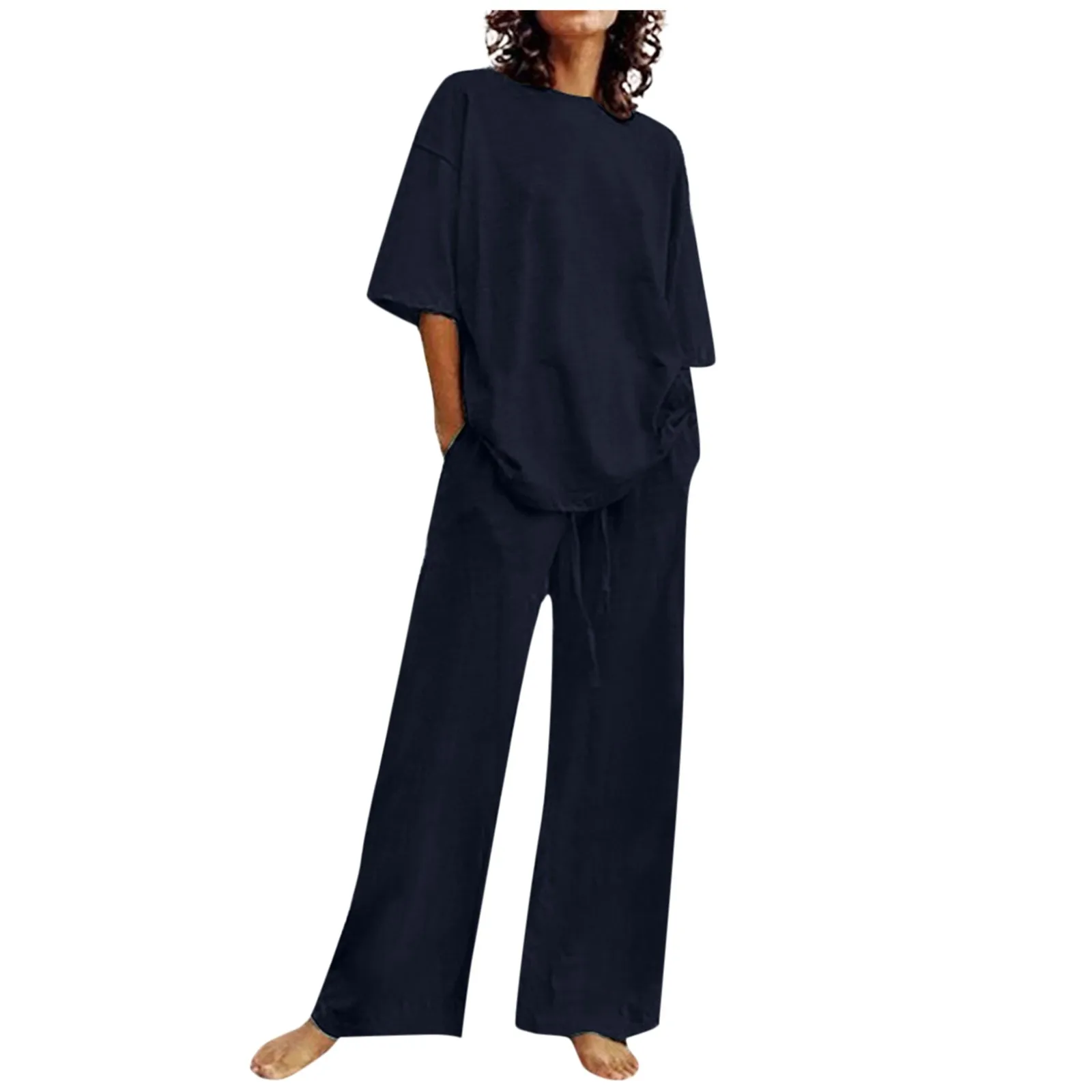 Women Fashion Summer Solid Color Casual Elastic Waist Drawstring Pocket Half Sleeve Round Neck Wide Leg Pants Suit Stretch Suit
