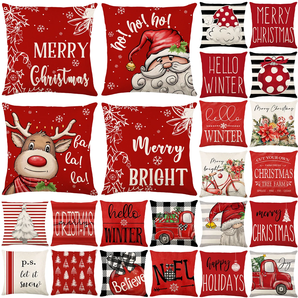 Merry Christmas Decorative Pillow Cover 18x18 In Linen Throw Pillowcase Christmas Element Decorations Cushion Cover for Bed Room