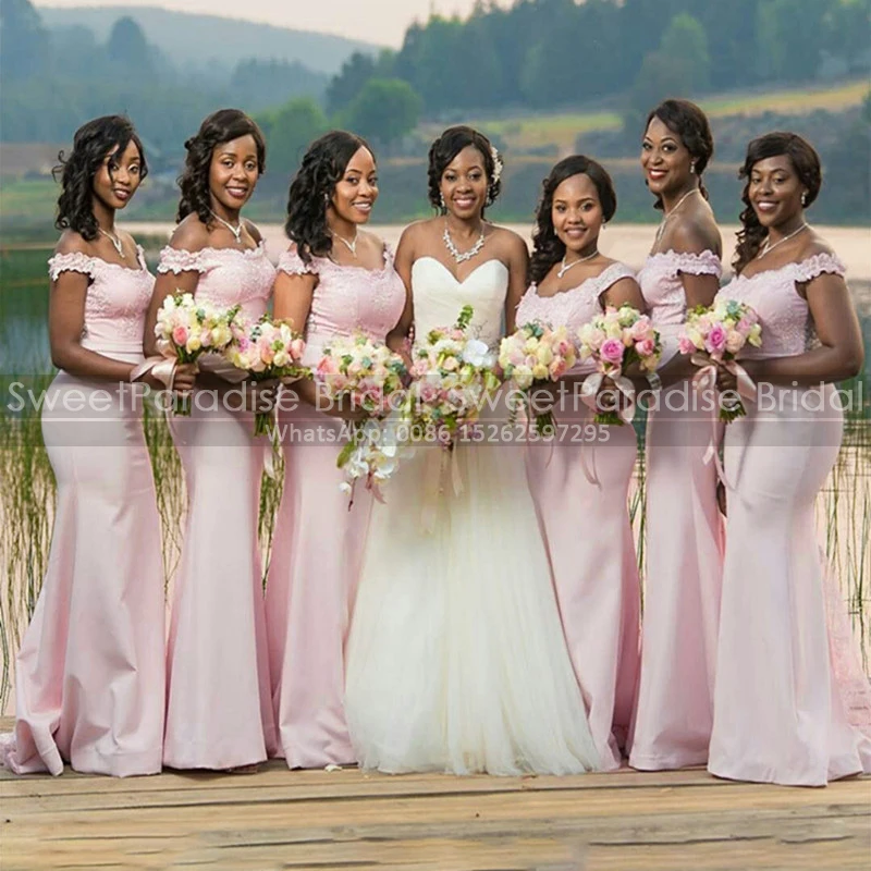 

Lighg Pink Appliques Bridesmaid Dresses Off Shoulder Long Sheath Maid Of Honor Wedding Party Dress For Women