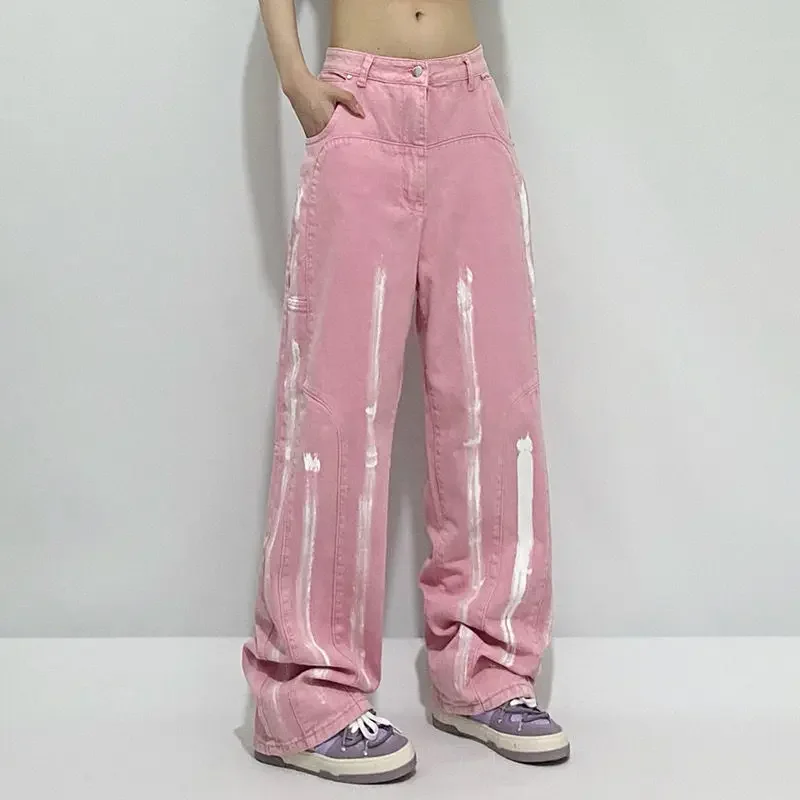 Pink washed distressed jeans women's autumn 2021 design