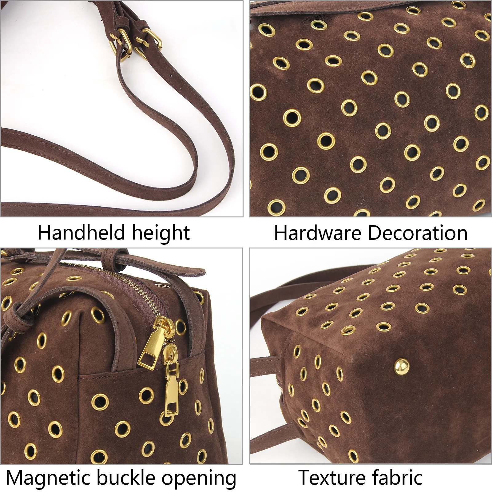 New High-end Luxury Literary Style Shoulder Bag Imitation Suede Texture Rivet Shoulder Bag Work Commuting Dating Hollow Handbag