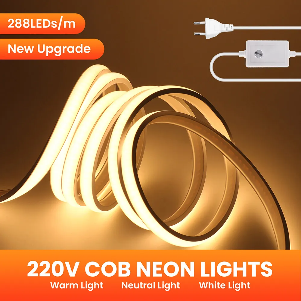 Tira de luz LED de neón COB regulable, Kit de alimentación de interruptor de atenuación de 220V, alta densidad, iluminación lineal de 288 LED, cinta flexible impermeable IP68