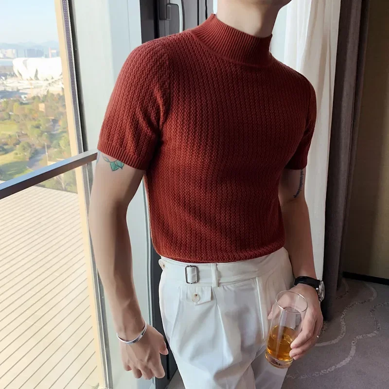 Fall Winter New Short Sleeve Knitted Sweater Men Clothing Half High Neck Slim Fit Sweater T-shirt Casual Stretch Homme Pullover