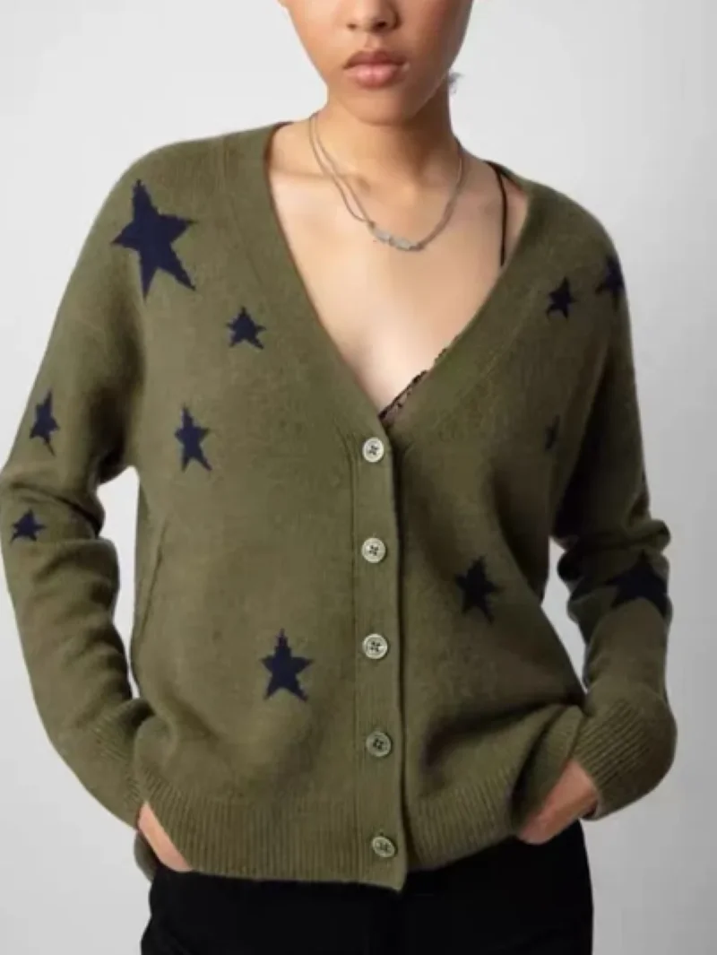 

Women Stars Jacquard Cardigan 100% Cashmere V-Neck Single Breasted Long Sleeve Loose Knitted Sweater